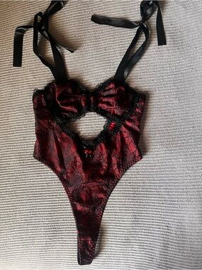 Y2K Red and Black Lace with Diamond skull and Cutout Bodysuit